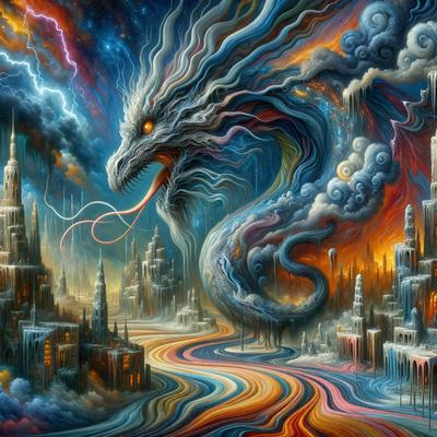 Primary subject: A dragon with a long tongue, surrounded by a colorful and surreal cityscape.

Setting/background: The dragon is in the foreground, with a city of skyscrapers and other buildings in the background. The sky is filled with clouds, adding to the vibrant and imaginative atmosphere.

Visual style: The image is a digital art piece, featuring a combination of vivid colors and intricate details.

Colors and mood: The colors in the